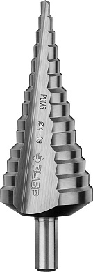 Сверло ЗУБР ступенчатое по сталям и цвет. мет. ст. Р6М5, d=4- 39мм, 14ступ. d=4-39, L -113 мм, трехг
