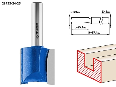 Фреза пазовая прямая, D= 24мм, рабочая длина-25мм, хв.-8 мм (28753-24-25) ЗУБР