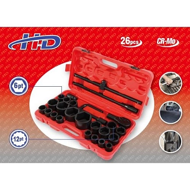 Набор головок 3/4" (6гр: 17-50мм, 12гр: 36мм), 1" (6гр: 55, 60, 65мм) 26пр. Cr-Mo (HD-340117650) H-D