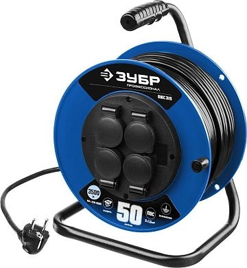 Удлинитель на катушке 50м (ПВС 3х1,5мм2, 3,5кВт/16А, IP44, 4 р., 220В, пласт. кат) (55081-50) ЗУБР