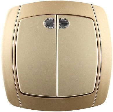 Выключатель СВЕТОЗАР "АКЦЕНТ" двухклавишный в сборе, с подсветкой, цвет золотой металлик, 10А/~250В