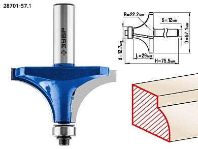 Фреза кром. калев. №1, D= 57,1мм, раб. дл.-29мм, рад.-22,2мм, хв.-12мм, d-12,7мм (28701-57.1) ЗУБР