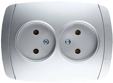 Розетка СВЕТОЗАР "АКЦЕНТ" двойная в сборе, без заземления, цвет серебристый металлик, 16А/~250В