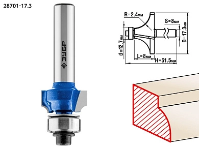 Фреза кром. калев. №1, D= 17,3мм, раб. дл.-8мм, рад.-2,4мм, хв.-8мм, d-12,7мм (28701-17.3) ЗУБР