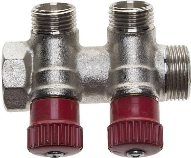 Коллектор GENERAL FITTINGS для горячей воды, вентили, никелированная латунь, вход 3/4" - 2 выхода 1/