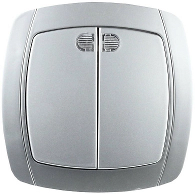 Выключатель СВЕТОЗАР "АКЦЕНТ" двухклавишный в сборе, с подсветкой, цвет серебристый металлик, 10А/~2