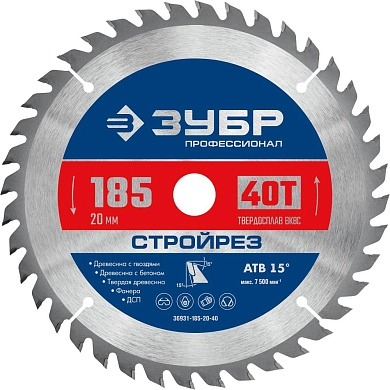 Диск пильный 185х20х40Т по строительной древесине "Стройрез" (36931-185-20-40) ЗУБР