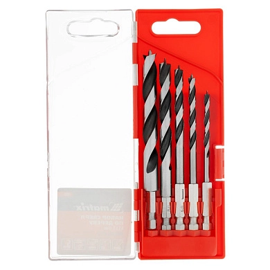 Набор сверл по дереву, 4-5-6-8-10 мм, 5шт., шестигран. хвостовик, пластиковый кейс (70283) MATRIX