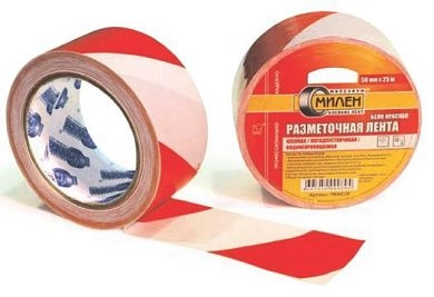 Лента сигнальная 50мм/25м, красно-белая, клейкая, в и/у (2604) МИЛЕН