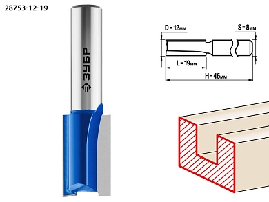 Фреза пазовая прямая, D= 12мм, рабочая длина-19мм, хв.-8 мм (28753-12-19) ЗУБР