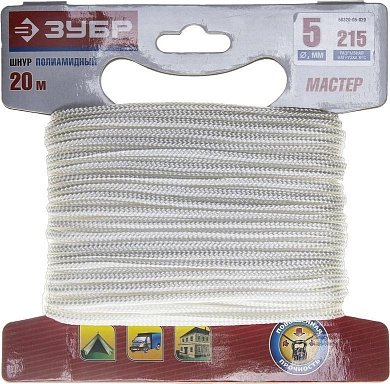 Шнур полиамидный, плетеный, повышенной нагрузки, без сердечника, белый, d 5, 20м (50320-05-020) ЗУБР