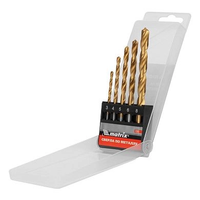 Набор сверл по металлу, 3-4-5-6-8 мм, TiN, HSS, 5 шт., пласт. кор. (72383) MATRIX
