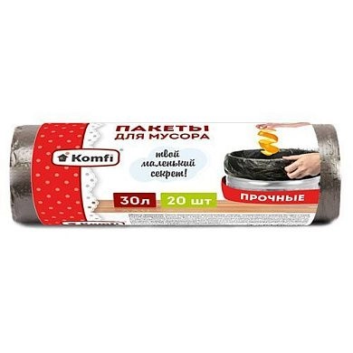 Мешки для мусора ПНД, 7 мкм, 30 л, чёрные, в рулоне, 20 шт. (17168) Komfi
