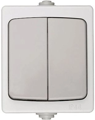 Выключатель "АВРОРА" двухклавишный, IP44, цвет серо-белый, 10А/~250В (SV-54336-W) СВЕТОЗАР