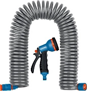 Набор GRINDA поливочный: Шланг спирал 3/8"x15м,пистолет-распылитель 7 позиц,адаптер внеш 1/2"x3/4",с