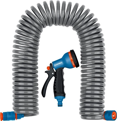 Набор GRINDA поливочный: Шланг спирал 3/8"x15м,пистолет-распылитель 7 позиц,адаптер внеш 1/2"x3/4",с