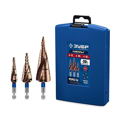 Набор ступенчатых сверл, 3 шт, винтовая проточка, 4-32мм, КОБАЛЬТ ПРОФЕССИОНАЛ (29674-4-32-H3) ЗУБР