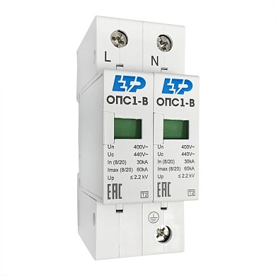 Ограничитель импульсных перенапряжений ОПС1-B 2P (In 30kA Un 400B Im 60kA) 16701 ETP