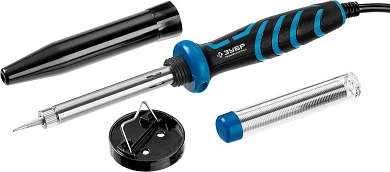 Паяльник ЗУБР "ПРОФЕССИОНАЛ" с двухкомпонентной рукояткой и защитным колпачком в наборе с припоем и