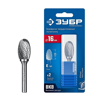 Борфреза овальная 16х25х70 мм, тип E, радиус 6.5 мм, хв-к 6 мм "ПРОФЕССИОНАЛ" (28804-16-25) ЗУБР