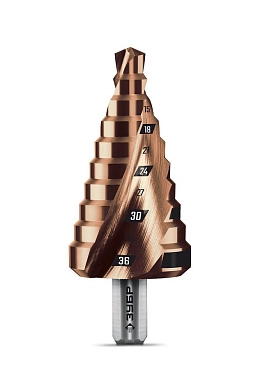 Сверло ступенчатое 9-36мм HSS-Co, 10 ступ., винт. спир., 3-гр. хвост. (29674-9-36-10) ЗУБР
