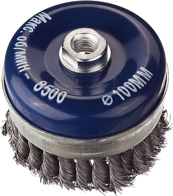 Щетка чашечная усиленная для УШМ, жгутированная стальная проволока 0,5мм, 100ммхМ14 (35106-100) DEXX
