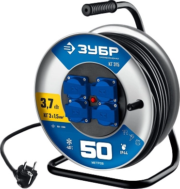 Удлинитель силовой на стальной катушке КГ-315,кг, 3х1.5мм2, 50 м, 3700 Вт, IP44 (55080-50_z01) ЗУБР