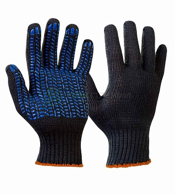 Перчатки х/б 7,5 класс, 5 нитей с ПВХ "протектор" черные (вес 62 гр., р-р 22,5) от мин. рисков