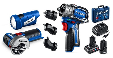 Набор:дрель-шуруп+мини УШМ+LED фонарь,12В, 45Нм,2 АКБ тип Т7,КОМБИ #5, BRUSHLESS (DB-125-42ABF)ЗУБР