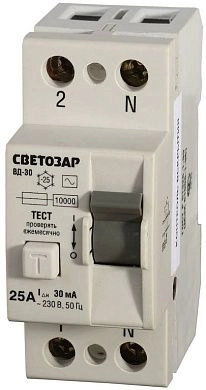 Выключатель дифференциальный "УЗО" СВЕТОЗАР, 2-полюсный, 25 A, "AC", откл. диф.ток. 30 мА, 230 В