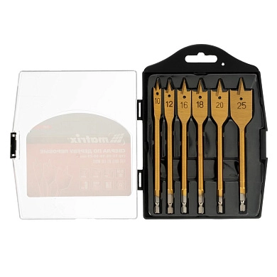 Набор сверл перовых по дереву, 10-12-16-18-20-25 мм, 6 шт., пластик. кейс (70445) MATRIX