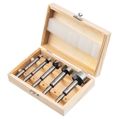 Набор сверл Форстнера по дереву, 10-15-20-25-35 мм, 5 шт, в дерев. боксе, цил.хвост. (704405) SPARTA