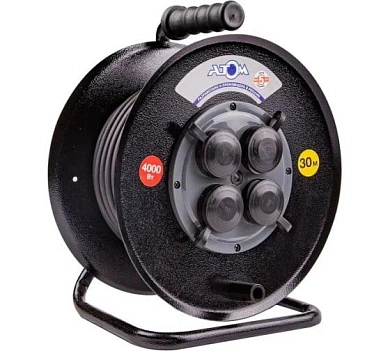 Удлинитель на катушке 40м (КГ 3х1.5мм2, IP44, 4 р. с/з, 220В, мет.кат кауч. крышки) (50032) АТОМ