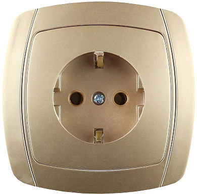 Розетка СВЕТОЗАР "АКЦЕНТ" одинарная в сборе, с заземлением, цвет золотой металлик, 16А/~250В