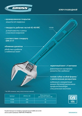 Ключ разводной 250мм, до 43мм, облегченный (15559) GROSS