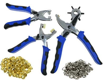 Дыроколы револьверные (пистолет.) для кожи, 3шт., 2.5-5мм, с набором люверсов и кнопок (G0182) GEKO