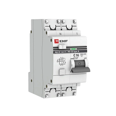 Автомат дифференциальный АД-32 (230/400В 1P+N 16А/10мА (А) 45кА) DA32-16-10-a-pro EKF PROxima