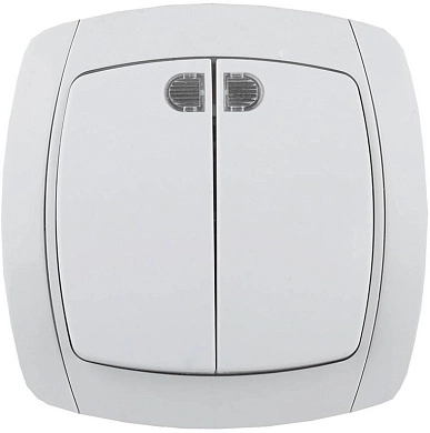 Выключатель "CITY LIGHT" двухклавишный в сборе, с подсветкой, белый, 10А/~250В (SV-54235-W) СВЕТОЗАР