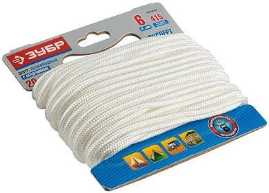 Шнур полиамидный, плетеный, повышенной нагрузки, с сердечником, белый, d 6, 20м (50310-06-020) ЗУБР