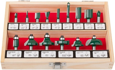 Фрезы по дереву кромочные, набор 15 шт., деревянный бокс, хвостовик 8 мм (F_36579) FIT