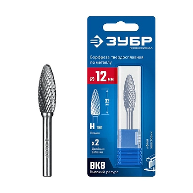 Борфреза пламя 12х32х77 мм, тип H, радиус 2.5 мм, хв-к 6 мм "ПРОФЕССИОНАЛ" (28807-12-32) ЗУБР