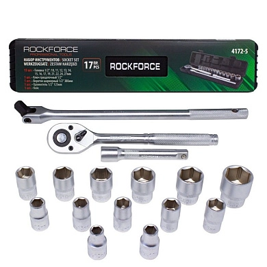 Набор головок 1/2" 10-27мм 6гр. + трещотка + воротки, 17пр., пласт.кейс (RF-4172-5) Rock FORCE