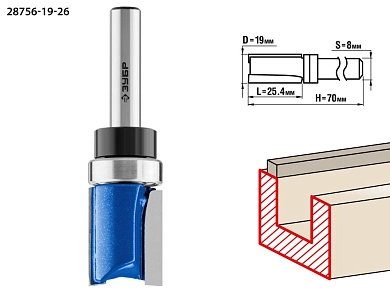 Фреза пазовая прямая с верхним подшип., D= 19мм, раб. дл.-25,4мм, хв.-8мм, d-19мм (28756-19-26) ЗУБР