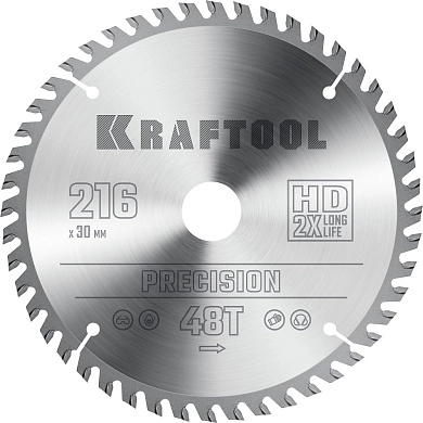 Диск по дереву пильный 48Т, 216х30мм, Precision, (36952-216-30) KRAFTOOL