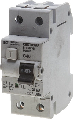 Выключатель дифф. автоматический СВЕТОЗАР "ПРЕМИУМ", 2-полюсный, 40 A, "C", "AC", откл.диф.ток. 30 м