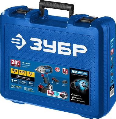 Гайковерт ударный аккум. GB-500-42 (20.0 В, 2 акк. х 4.0 А/ч Li-Ion, 1/2", 500 Нм, кейс) Проф. ЗУБР