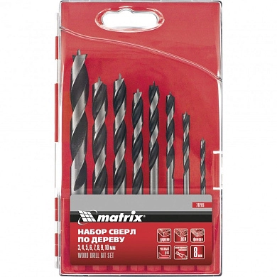 Набор сверл по дереву с 6-гр. хвост., d=3-4-5-6-7-8-9-10мм, 8пр. (70285) MATRIX