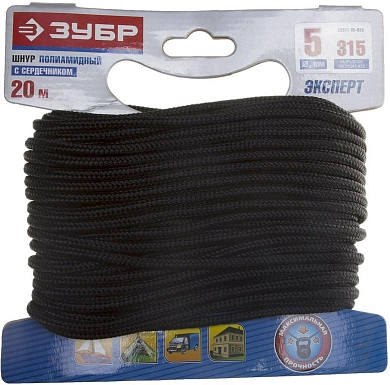 Шнур полиамидный, плетеный, повышенной нагрузки, с сердечником, черный, d 5, 20м (50311-05-020) ЗУБР