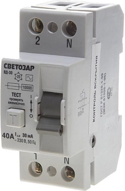 Выключатель дифференциальный "УЗО" СВЕТОЗАР, 2-полюсный, 40 A, "AC", откл.диф.ток. 30 мА, 230 В
