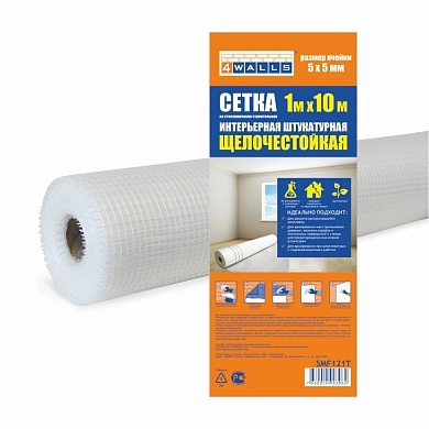 Сетка интерьерная штукатурная, стекловолокно, 1х10 м, ячейка 5х5мм, белая (5002) 4Walls